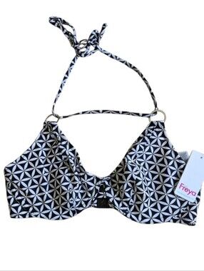 Freya Koh Tao Bikini Top 32DDD Black White Underwire Halter Swim NWT